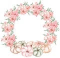 Pink Flowers and pumpkin wreath Clipart, Watercolor Caramel flowers and greenery frame illustration, Vintage florals frame