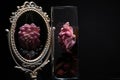 A pink flowers reflection in a Vintage Oval Desk Mirror with white frame on black background