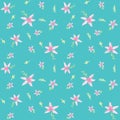 Pink flowers teal background seamless pattern watercolor