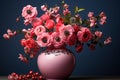 pink flowers in a vase with berries on a blue background Royalty Free Stock Photo