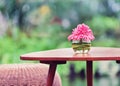 Pink flowers in vase on table in the garden. Vintage effect tone Royalty Free Stock Photo