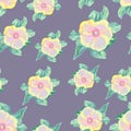 Pink flowers on violet background. Colored pencils texture. Retro style floral pattern. Seamless pattern. Pastel colors Royalty Free Stock Photo