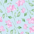 Pink flowers watercolor painting - hand drawn seamless pattern with blossom on light blue