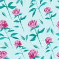 Pink flowers watercolor painting - hand drawn seamless pattern on light blue background Royalty Free Stock Photo