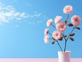 pink flowers in a white vase on a blue background Royalty Free Stock Photo