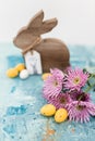 Pink flowers and yellow and white colored easter eggs, and easter bunny Royalty Free Stock Photo