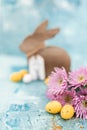 Pink flowers and yellow and white colored easter eggs, and easter bunny Royalty Free Stock Photo