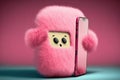 A pink fluffy, a fabulous creature or a soft, sweet toy is talking on a mobile phone. Children's communication Royalty Free Stock Photo