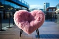 Pink fluffy heart forms armchair in the city at night. Valentines day concept