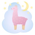 Pink fluffy lama with stars and crescent moon Royalty Free Stock Photo