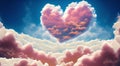 Pink fluffy soft clouds of heart form. Beautiful cloudy sky. Dream cloud of heaven. Nature background or backdrop