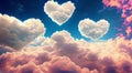 Pink fluffy soft clouds of heart form. Beautiful cloudy sky. Dream cloud of heaven. Nature background or backdrop
