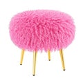 Pink fluffy stool made of sheepskin wool on hooves on an isolated background. 3D rendering