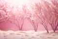 Pink fluffy trees on dreamy soft pink landscape with fallen petals