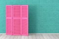 Pink Folding Wooden Dress Screen in front of Brick Wall. 3d Rendering