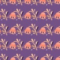 Pink folk flowers hand drawn seamless pattern in doodle style. Purple background. Simple flora artwork