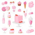 Pink food vector pinkish cake with sweet strawberry dessert with pinky drinks on birthday party illustration girlish set Royalty Free Stock Photo