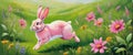 pink forest rabbit In the flower meadow.