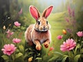pink forest rabbit In the flower meadow.