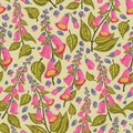 Pink foxglove flowers repeated pattern. Colourful seamless background.