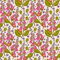 Pink foxglove flowers repeated pattern. Colourful seamless background.