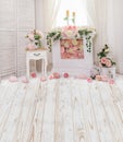 Pink and fraise flowers in fireplace with cute shabby chic furniture Royalty Free Stock Photo