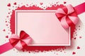 Pink frame with decorative gift box red bow and heart confetti Background Royalty Free Stock Photo