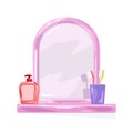 Pink frame mirror with shelf where are violet glass, yellow and red toothbrushes, bottle with pump. Royalty Free Stock Photo