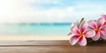 Pink frangipani on wooden table against sea scape. Generative AI