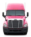 Pink Freightliner Cascadia truck with black plastic bumper.