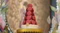 Pink french macaron in a show stand beautiful and tasty cookie baked macaroon biscuit of assorted colors and different taste