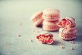 Pink french macaroons. Pastel colors macarons with copy space, top view. Holidays and celebrations concept. Sweet gift