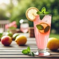 Pink fresh lemonade cocktail, lemon slices, raspberries, ice and sugar, water, drink concept Royalty Free Stock Photo