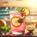 Pink fresh lemonade cocktail, lemon slices, raspberries, ice and sugar, water, drink concept Royalty Free Stock Photo