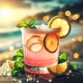 Pink fresh lemonade cocktail, lemon slices, raspberries, ice and sugar, water, drink concept Royalty Free Stock Photo