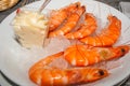 Pink fresh prawns with mayonnaise and ice.