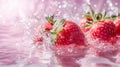 Pink fresh watery strawberries in water with splash and bubbles background