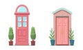 Pink front door with two pots with plants. Cartoon house illustration