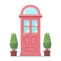 Pink front door with two pots with plants. Cartoon house illustration