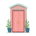 Pink front door with two pots with plants. Cartoon house illustration