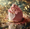 pink frosted cake sitting on gold background