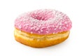 Pink frosted donut sprinkled with crystal sugar isolated on white