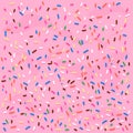 Pink cake frosting background with colorful sprinkles. Vector illustration