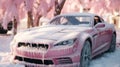 pink frozen car, frost winter car and sakura tree generative ai Royalty Free Stock Photo