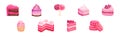 Pink Fruity Desserts with Cupcake, Cake, Macaroon and Candy Vector Set