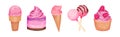 Pink Fruity Desserts with Cupcake, Ice Cream in Waffle Cone and Candy Vector Set