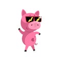 Pink funny cartoon baby piglet in sunglasses, cute little piggy character vector Illustration on a white background