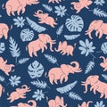 Pink funny elephants on a dark blue background - seamless