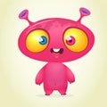 Pink funny happy cartoon alien. Green vector alien character