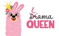 Pink funny llama with a crown, isolated on white background.